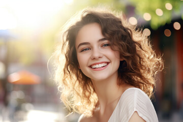 Radiant Skincare: Happy and Cheerful Young Woman with Healthy Skin Smiles Brightly while Styling Her Hair, Showcasing Beauty and Happiness in an Outdoor Shooting Setting.