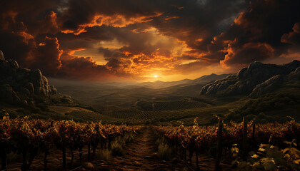 Tranquil sunset, rural vineyard, autumn harvest, mountain range, serene landscape generated by AI - obrazy, fototapety, plakaty