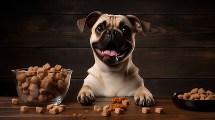 Healthy pet food concept. Food specifically designed for dogs, featuring natural ingredients and snacks that promote overall wellness and vitality in pets.