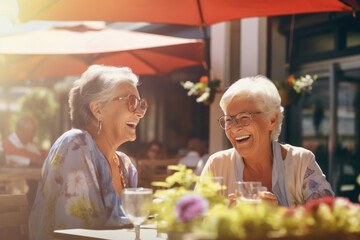 Sunny Reunion: Two Elderly Happy Women, Old Girlfriends, Sharing Laughter and Memories on a Terrace of a Bar on a Beautiful Day.