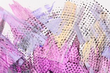 Abstract purple background. Multi-color brush strokes and paint spots on white paper, bright contrasting background.