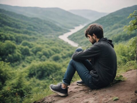A Man Sitting On A Rock Looking Out Over A Valley
