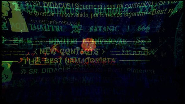 Fast flashing animation of random text with a blur effect and retro colors on a black background