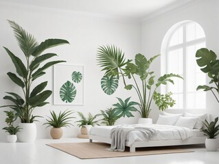 A White Room With A White Couch, A White Bed And A Large Plant Wall