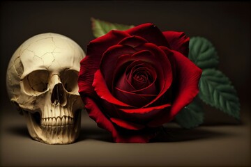 A Skull And A Rose On A Table
