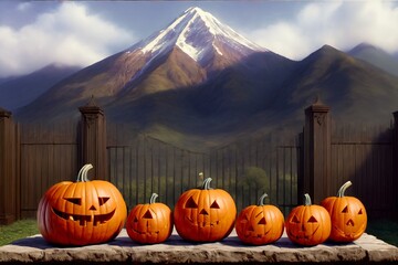 A Group Of Pumpkins Sitting On A Stone