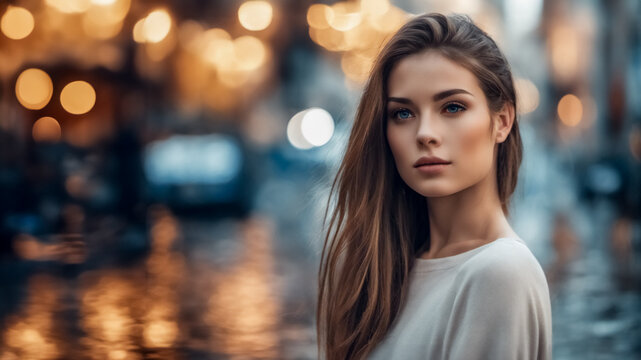Modella su sfondo blu cobalto con effetto bokeh