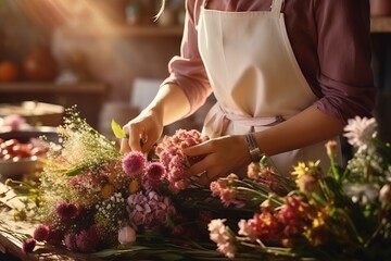 Generative AI. Female florist in apron and shirt works in workshop, making a beautiful bouquet of different plants. Floral design studio, making decorations and arrangements. Delivery, creating order. - obrazy, fototapety, plakaty