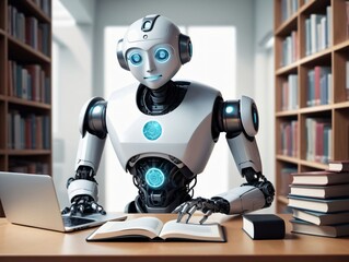 Fototapeta premium A Robot Sitting At A Desk With Books And A Laptop
