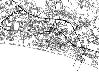 Vector road map of the city of  Rayong in Thailand with black roads on a white background.