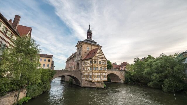 Bamberg Germany time lapse 4K, city skyline timelapse at Altes Rathaus Old Town Hall and Linker Regnitzarm River