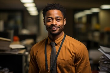 Black Man Office Clerk Employee Job Workplace Background Generative AI