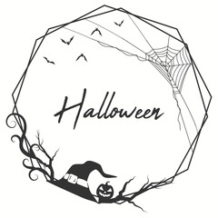 Halloween hexagonal frame border with spider net and halloween tree