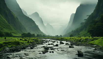 Majestic mountain peak, flowing water, tranquil meadow, overcast sky generated by AI