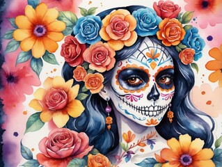 A Woman With A Sugar Skull And Flowers