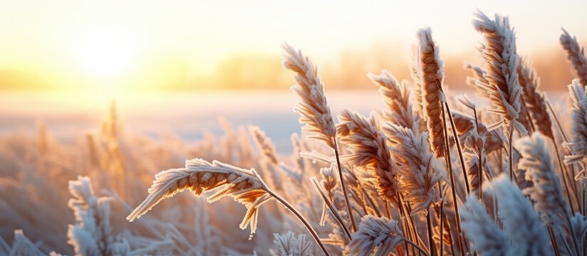 Spring frosts damaged winter crops and frozen plants in the meadow at sunrise affecting the sowing of wheat in agricultural fields covered with hoarfrost during the spring campaign
