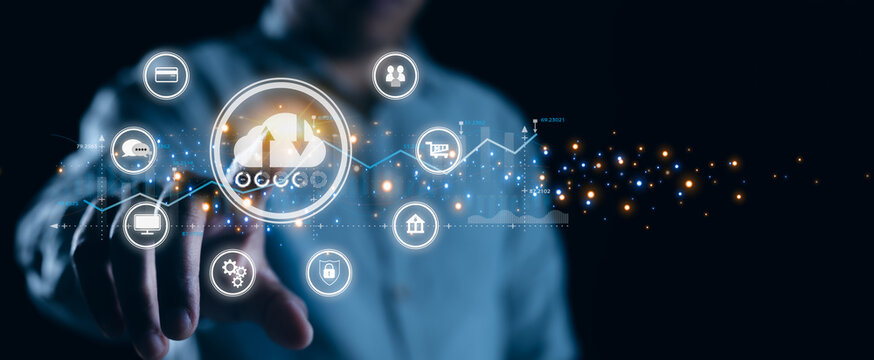 Hand touching infographic cloud computing and technology icons.confidential information such as internet banking .cloud technology is centralise collect lifestyle