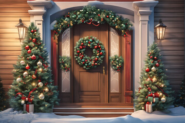 Front door and house with beautiful Christmas decor. Generative Ai
