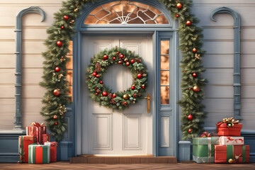 Fototapeta na wymiar Front door and house with beautiful Christmas decor. Generative Ai 