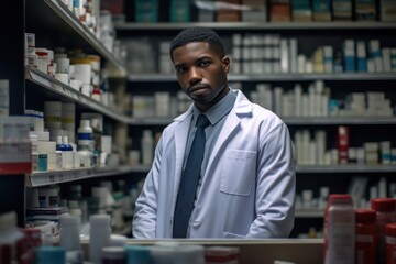 Fototapeta premium Black Male Pharmacist Occupation Work Role Work Environment Backdrop Generative AI