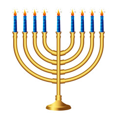Hanukkah menorah candelabrum with golden nine lit candles vector illustration