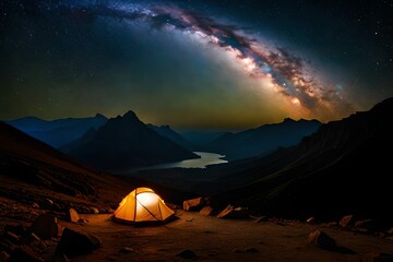 Camping in the mountains under the stars. A tent pitched up and glowing under the milky way. Photo composite.