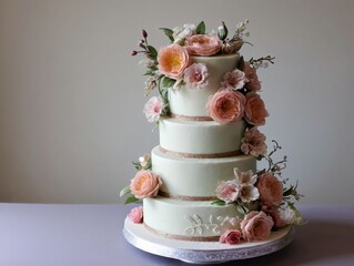 A Three Tiered Cake With Pink Flowers On Top