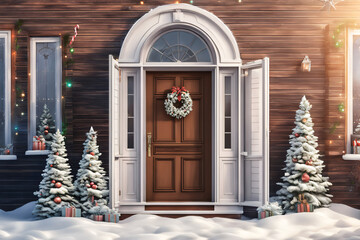 Front door and house with beautiful Christmas decor. Generative Ai
