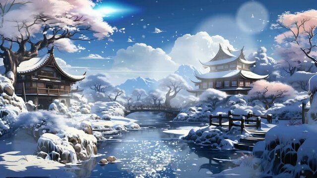Winter landscape fantasy scene on anime or cartoon style. Japanese or korean painting. Castle with river and sakura flowers. Looping 4k animation