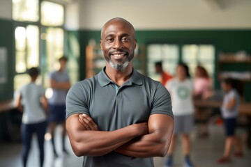 Obraz premium Black Male Physical Education Teacher Professional Job Work Environment Background Generative AI