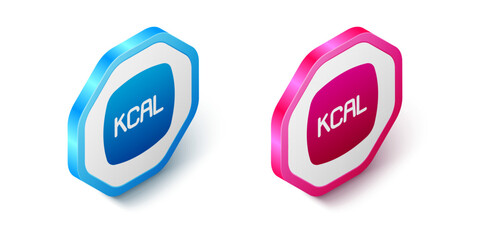 Isometric Kcal icon isolated on isolated on white background. Health food. Hexagon button. Vector