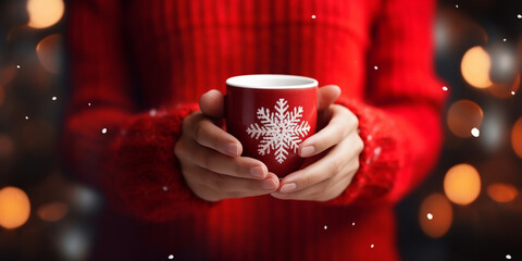 close up beautiful woman hands holding hot drink cup in her hand with golden bokeh,Christmas concept - obrazy, fototapety, plakaty