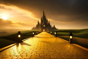sunset on the bridge,Yellow brick road to Oz,The Wonderful Wizard of Oz,The yellow brick road is a central element.