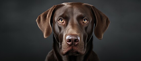 Close up of purebred labrador posing on gray background Symbolizes pets vet and friendship Ideal for ads designs