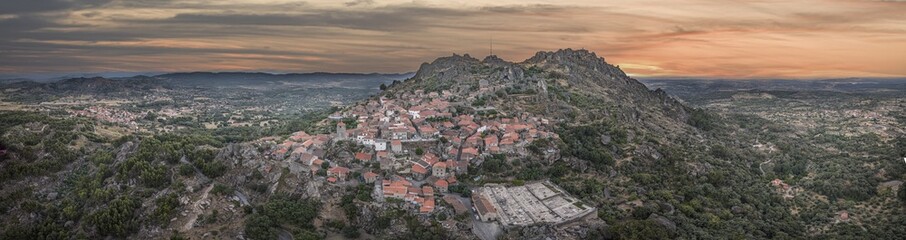 Fototapeta na wymiar Drone panorama of historic city and fortification Monsanto in Portugal in the morning during sunrise