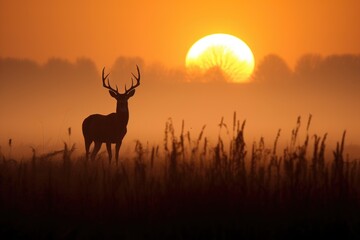 deer silhouette on a misty field with the sun setting behind