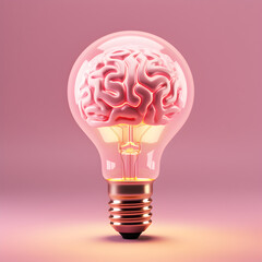 Brainstorm concept with futuristic glowing low polygonal light bulb and human brain on pink background. Creativity, idea, success. AI generated.