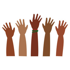 An illustration of cartoon style raised black hands. Social equality and justice symbol. Isolated on white.
