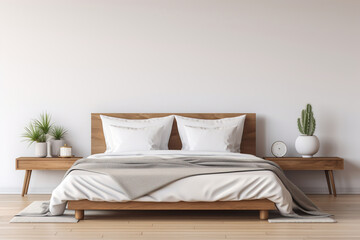 Fototapeta na wymiar A calming minimalist bedroom, with a platform bed, crisp white bedding, and minimalist bedside tables