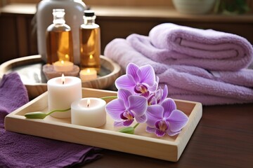 Obraz na płótnie Canvas orchid flower and soap arranged on a wooden tray with a towel