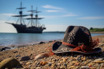 pirate hat on a beach with a sailing ship in the background