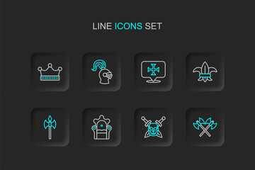 Set line Crossed medieval axes, Skull with sword, Medieval throne, Fleur de lys lily flower, Crusade, helmet and King crown icon. Vector