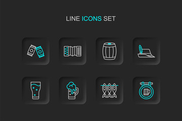 Set line Street signboard with beer, Dried fish, Glass of, Oktoberfest hat, Wooden barrel, Accordion and Beer can icon. Vector