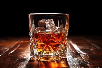 an empty whiskey glass with ice melting within it on a table - obrazy, fototapety, plakaty