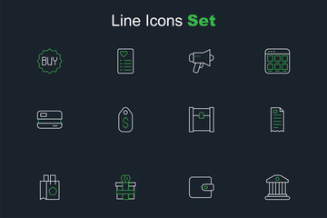 Set line Bank building, Wallet, Gift box, Paper shopping bag, Financial check, Price tag with dollar and Credit card icon. Vector