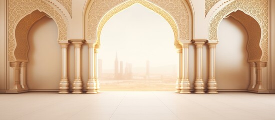 Luxurious colorful background with elegant Islamic arch in white and gold colors