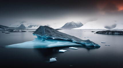 Fototapeta na wymiar paysage nordique de glace et d'iceberg sur la côte du continent Antarctique, nature sauvage et hostile, ciel couvert et menaçant
