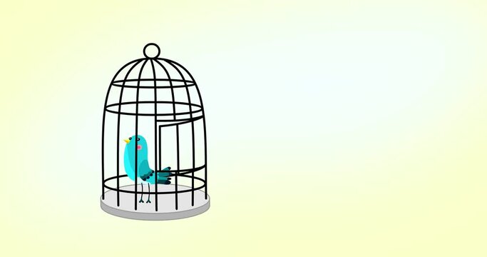 Freedom of a blue bird captive in a cage. Cartoon character animation cute animal. Making freee good as metaphor for any material.