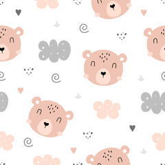 Seamless pattern with cute bear and clouds on white background. Animal cartoon background. Design for print, fabric, textile, wallpaper, wrapping, card and more. Vector illustration