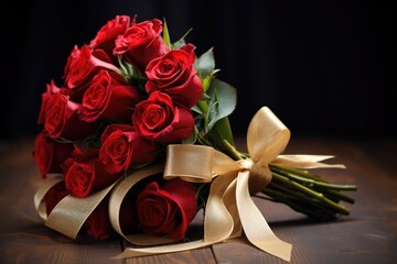 Obraz na płótnie Canvas red rose bouquet with a golden ribbon tie